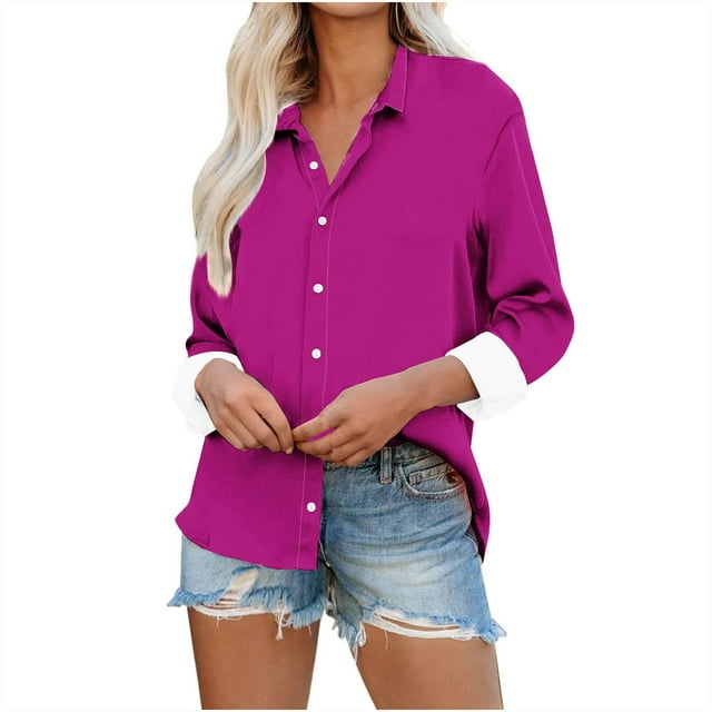 cfhntfmh Womens Button down Shirts Casual Fall Long Sleeve Collared Work Blouses Lounge Comfy Office Tops