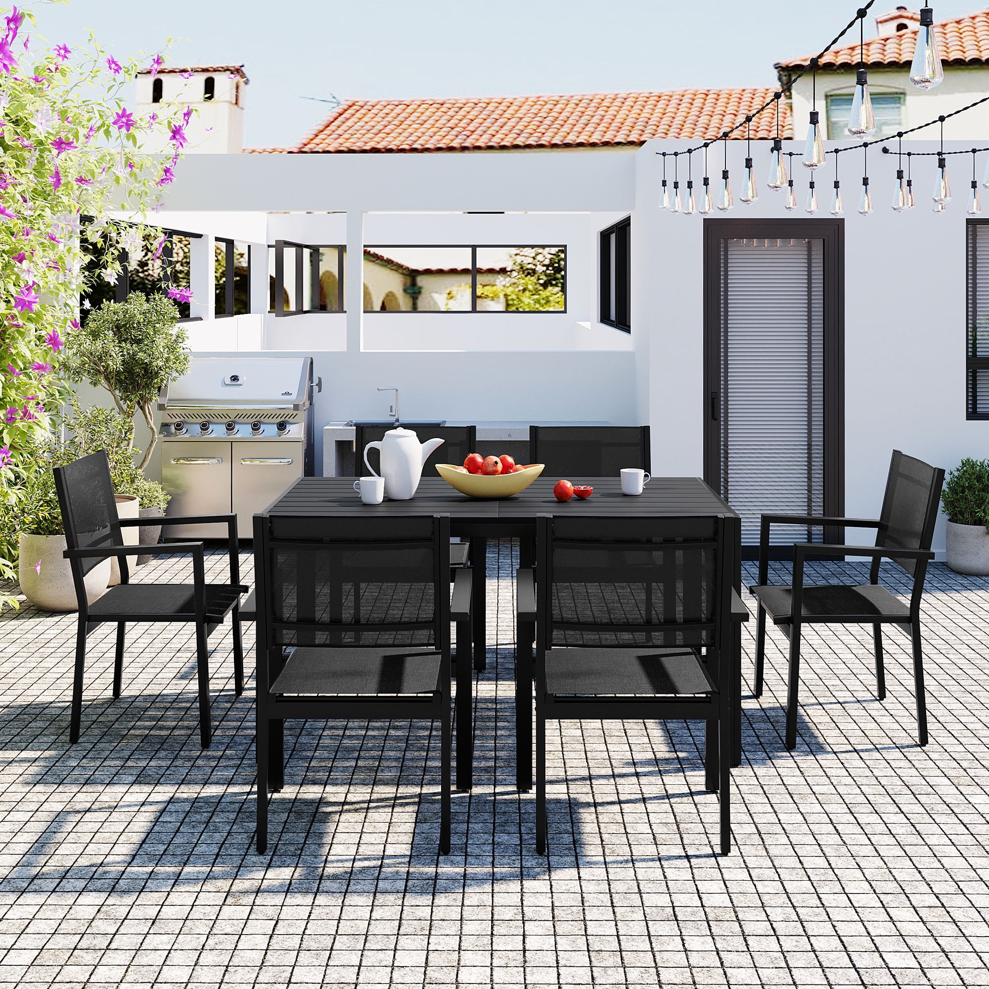 7 Piece Outdoor Dining Set, Patio Dining Table Set for 6 Persons, Garden Patio Textilene Dining Furniture Set with Plastic-Wood Tabletop, Dining Table Chairs Conversation Set for Deck Patio