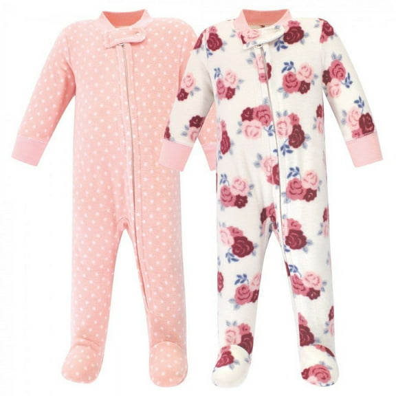 Hudson Baby Infant Girl Fleece Zipper Sleep and Play 2pk, Floral, 0-3 Months