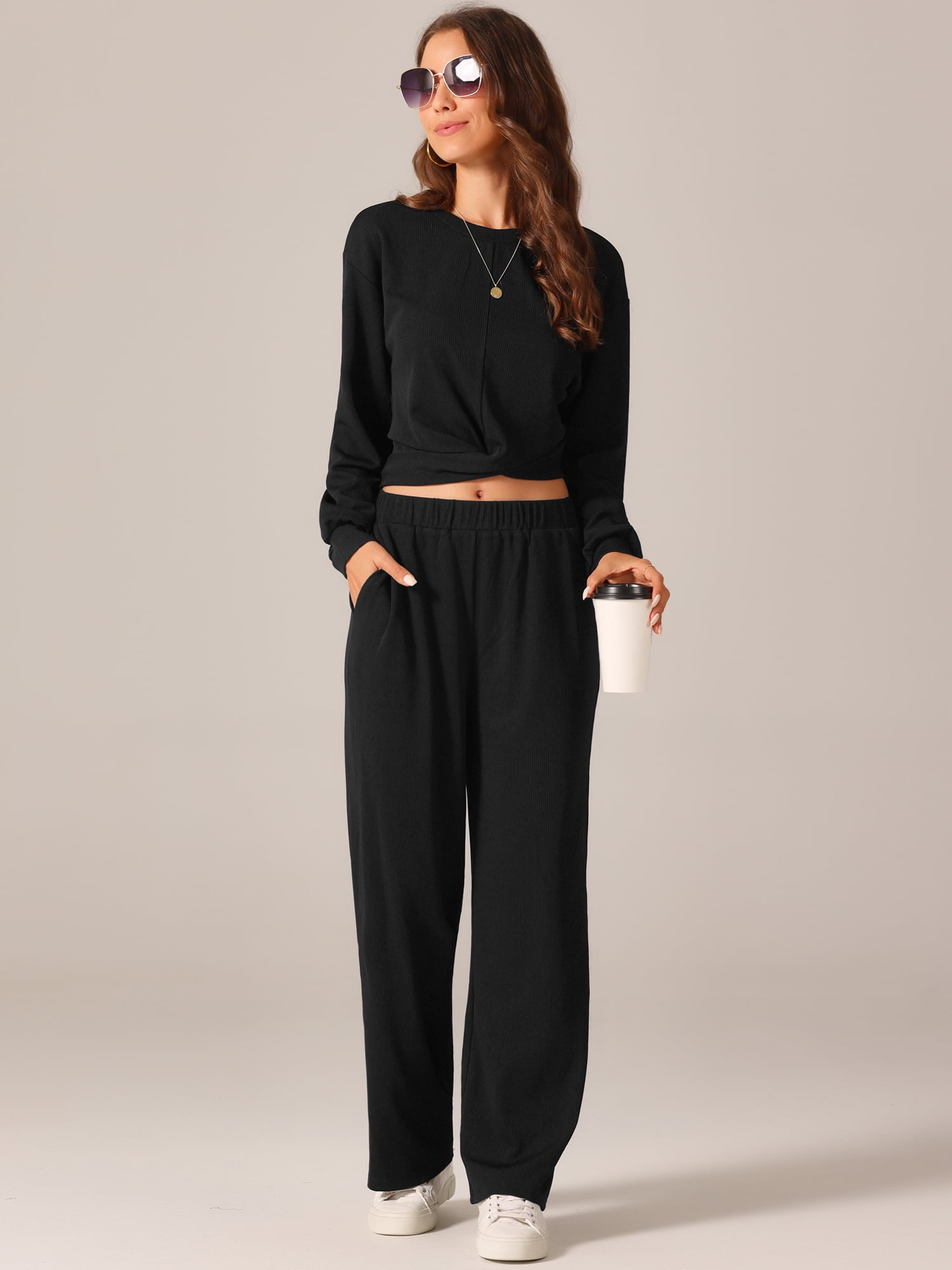 DARING DIVA Women's 2 Pcs Sweatsuit Cropped Sweatshirt and Wide Leg Pant M Black
