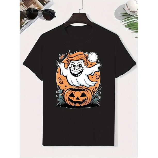 Ghosts & Pumpkins Boys' Cotton T-Shirt - Playful Halloween Graphic Tee with Cartoon, Jack-o-Lantern & Bats Design, Lightweight Breathable Short Sleeve Summer Top for Kids