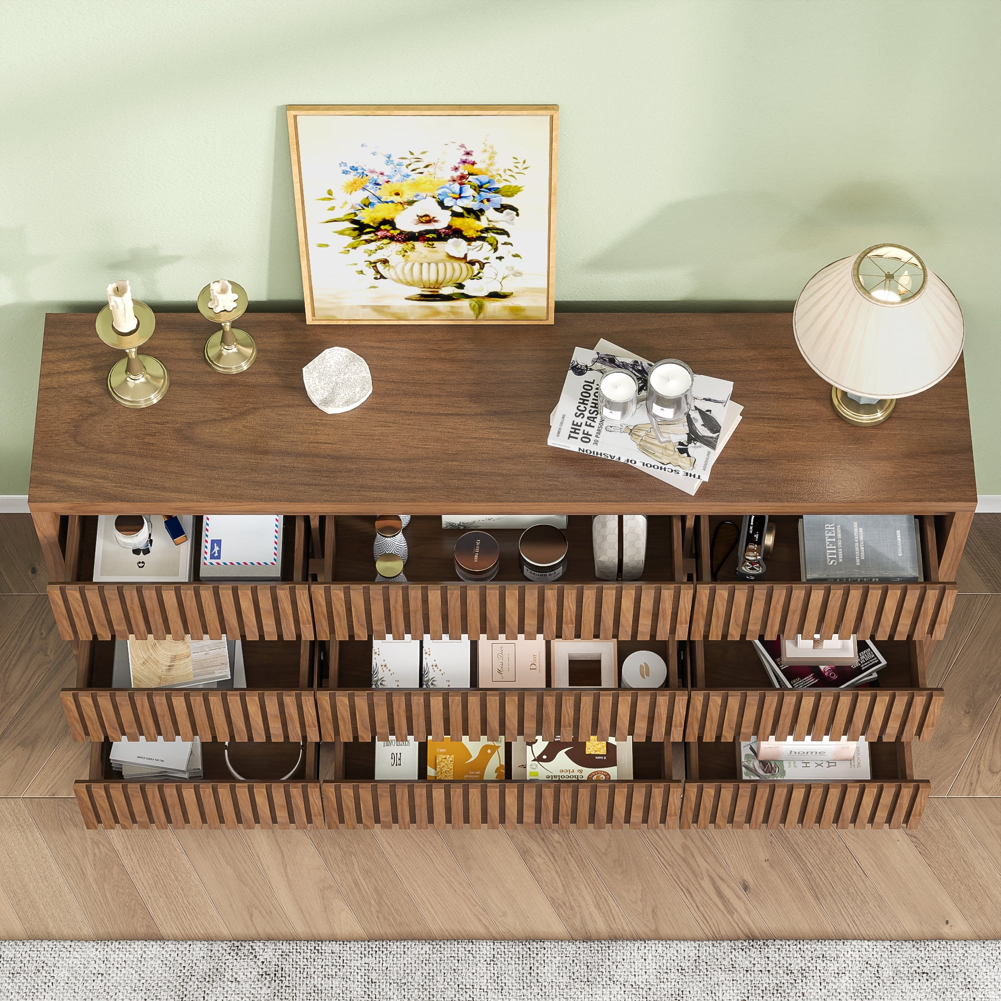 Fiogmub 9 Drawer Dresser for Bedroom, Wide Chest of Drawers TV Stand, Clothes Storage Cabinet Organizer for Living Room, Walnut