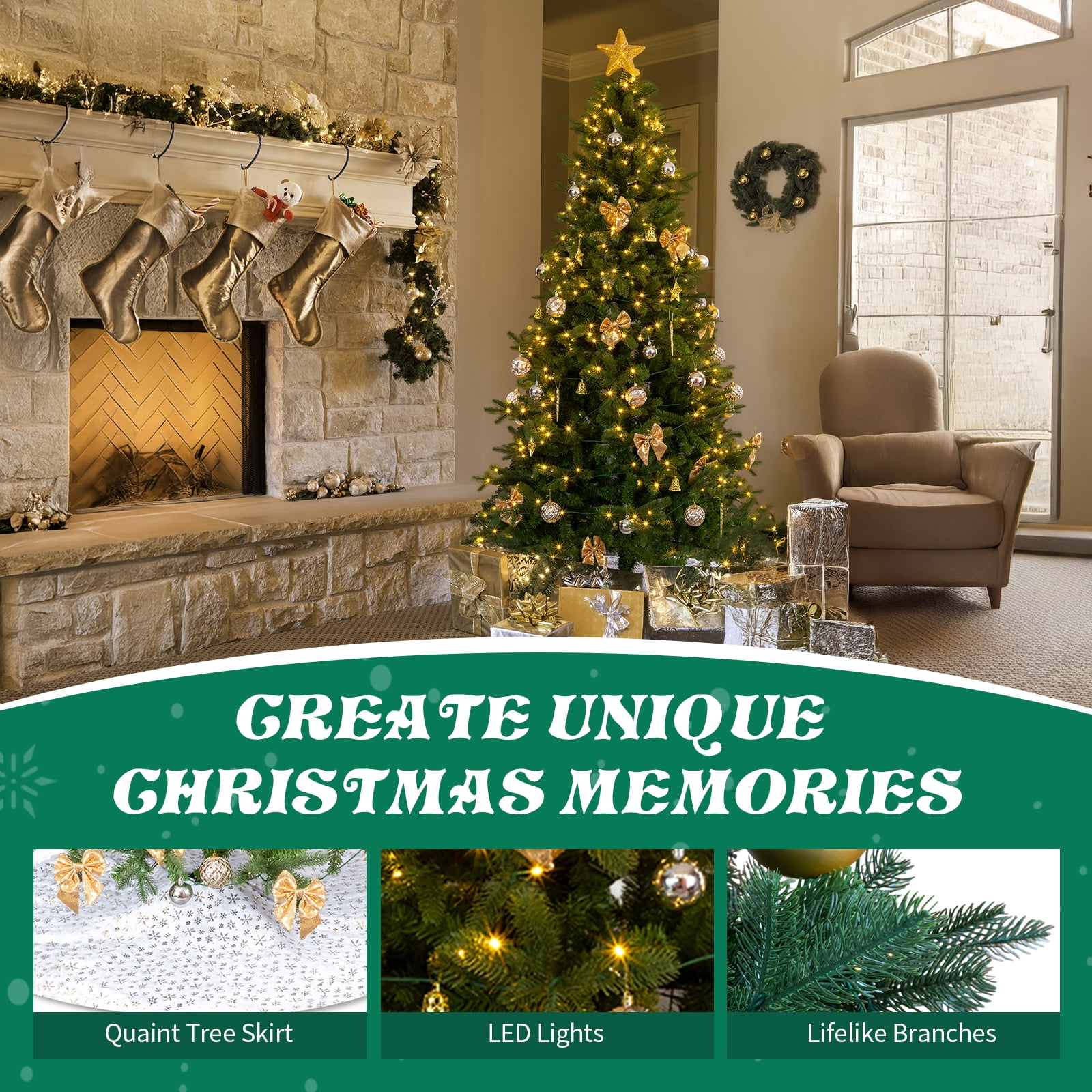 Astoutdoor 7.5 ft Artificial Christmas Tree with 400 Warm White LED Lights, Hinged Pine Tree, Tree Skirt and Ornaments, Green