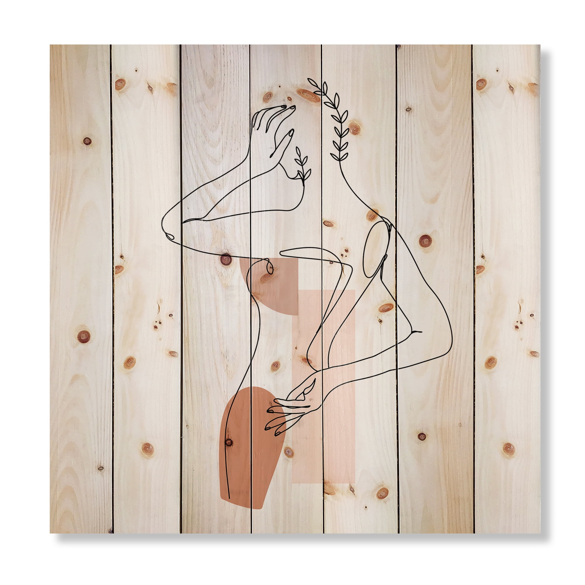 Designart 'One Line Woman Portrait With Shapes and Leaves II' Modern Print on Natural Pine Wood