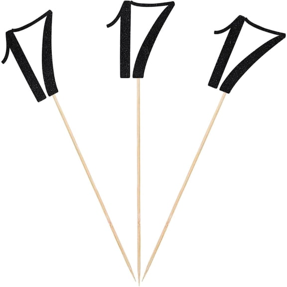 Black Glitter 17th Birthday Centerpiece Sticks, 12-Pack Number 17 Table Topper Anniversary Party Decorations