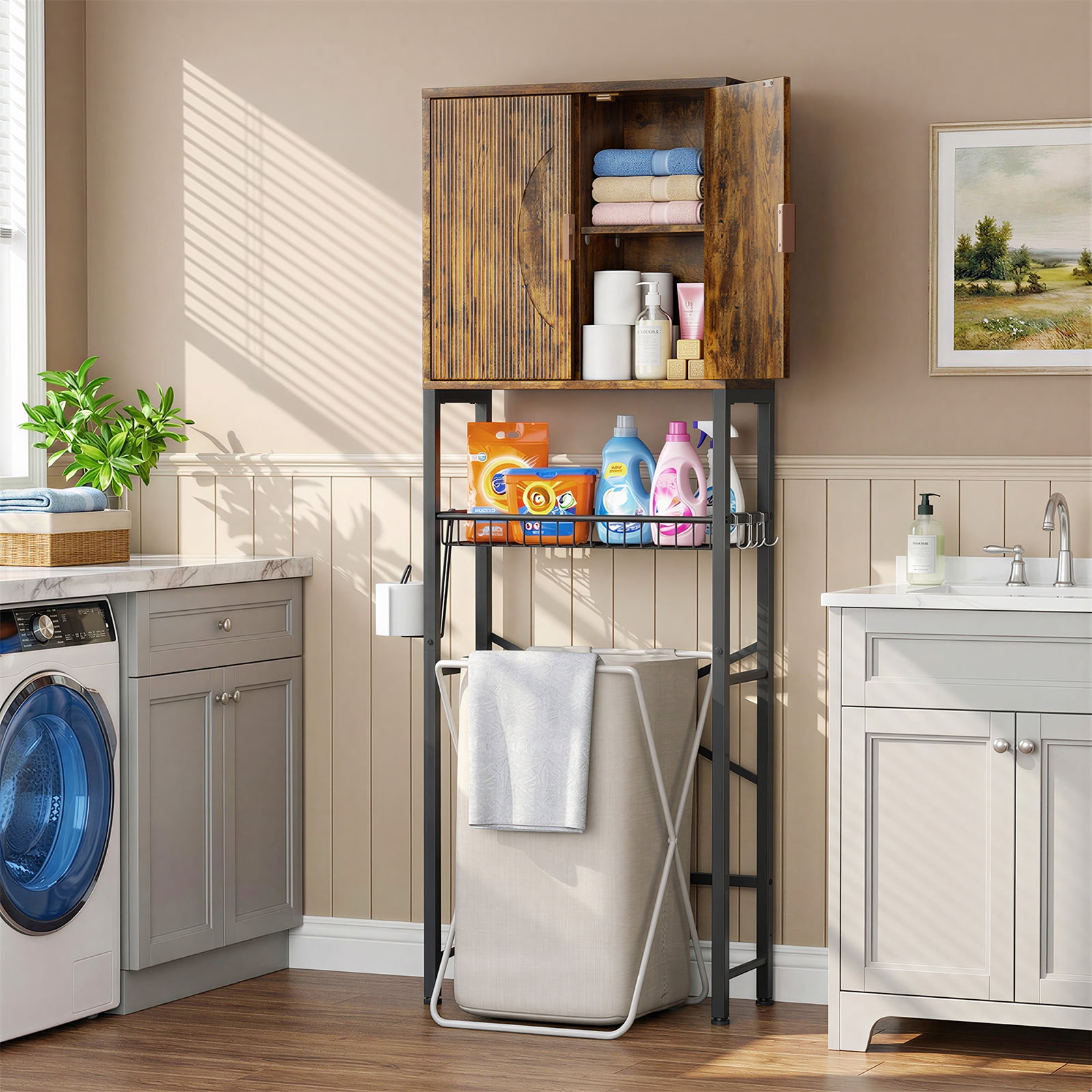 Biemlerfn Over the Toilet Storage Cabinet, Bathroom Storage Organizer with Adjustable Shelf, Toilet Paper Holder & Hooks, Freestanding Space Saver, Brown
