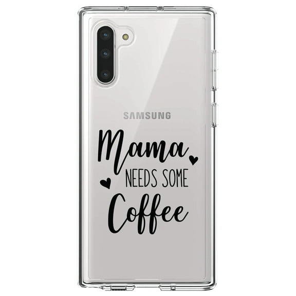 DistinctInk Clear Shockproof Hybrid Case for Samsung Galaxy Note 10 (6.3" Screen) - TPU Bumper Acrylic Back Tempered Glass Screen Protector - Mama Needs Some Coffee