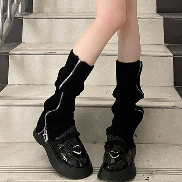 Neinkie 1 Pair Autumn Winter Women Leg Warmers Knitted Japan Style Zipper  Up Boot Socks for Daily Wear 