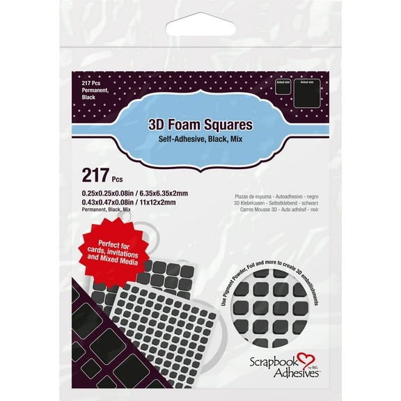 Scrapbook Adhesives 3D Foam Squares Variety Pack 217/Pkg-Black (63) .5"X.5", (154) .25"X.25"