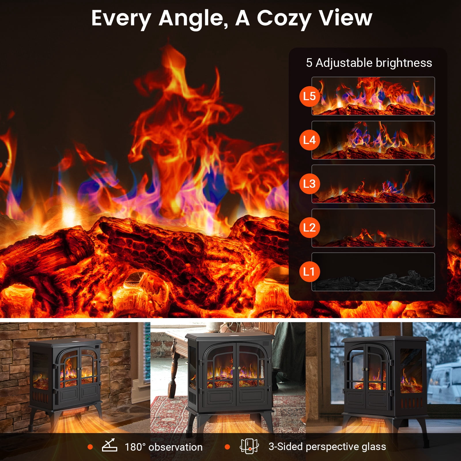 BLITZHOME 24'' Electric Fireplace Heater Stove Freestanding, 3D Realistic Flame, with Control Panel and Remote, Timer, ETL Certified, Overheating Safety Protection, 700/1500W