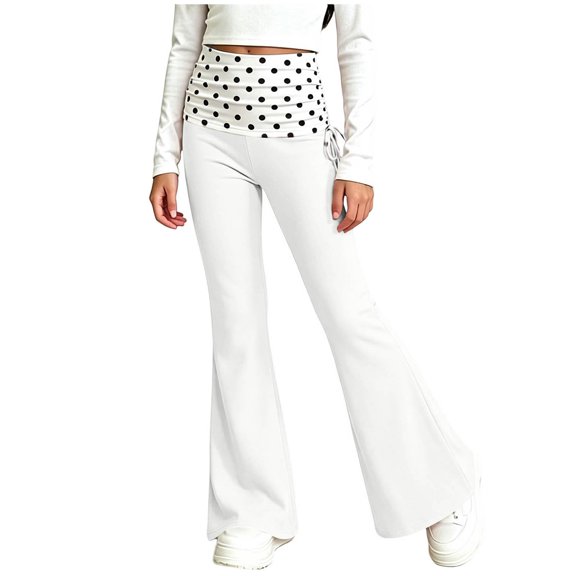 XuJwPNcy Girls Flared Pants Kids Side Ties Bell Bottoms Pants Polka Dot Patchwork Dance Yoga Trousers(White,14-15 Years)