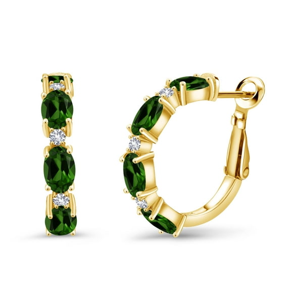 Gem Stone King 4.64 Ct Green Chrome Diopside White Created Sapphire 18K Yellow Gold Plated Silver Hoop Earrings