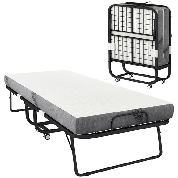 Folding Bed with Mattress, 78.75"" W x 31.5"" D Portable Rollaway Guest Bed with 5-inch Memory Foam Mattress, Space-Saving Foldable Design for Easy Storage