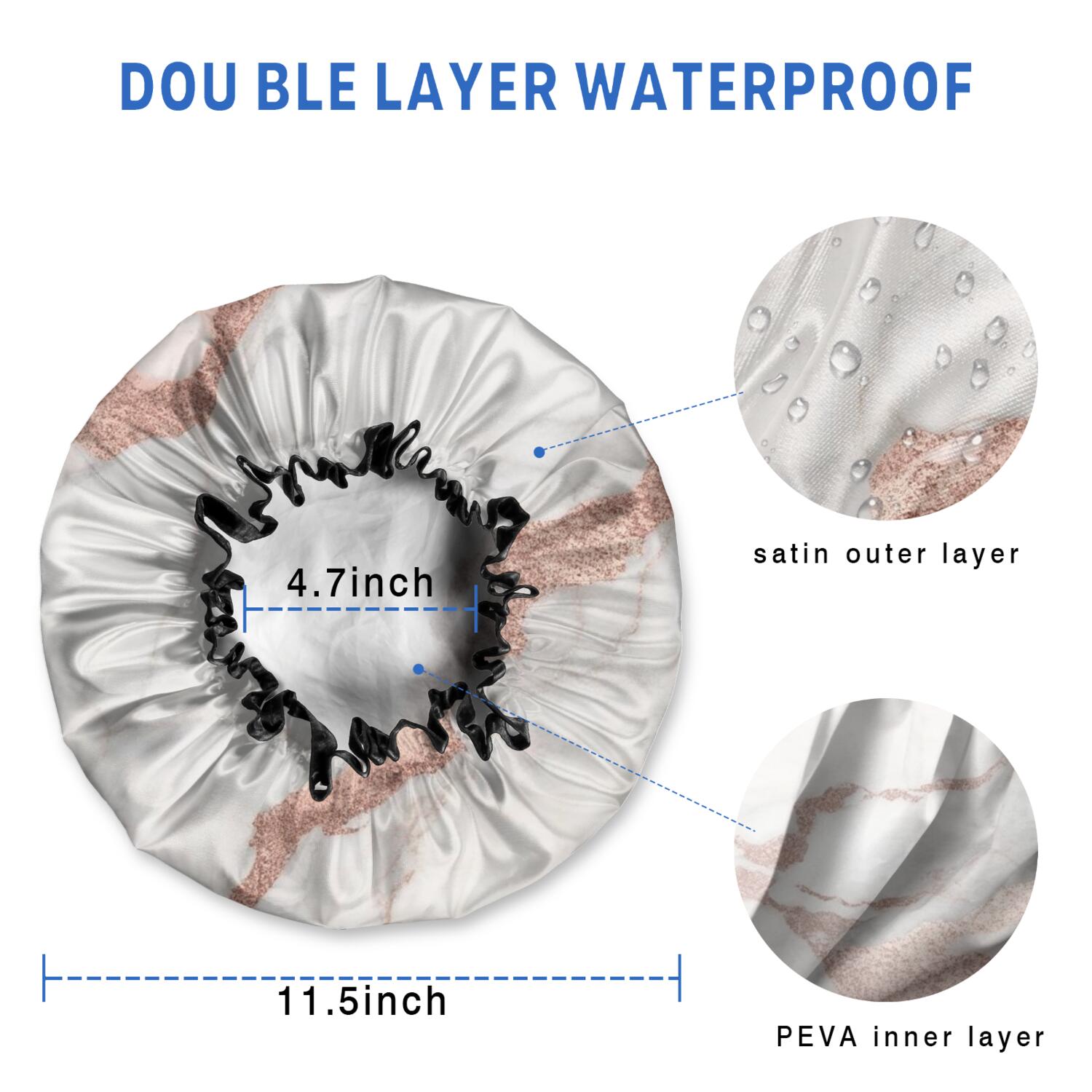 Shower Caps,White Marble Rose Gold Line Pattern Waterproof Shower Cap for Women 4 Pieces,Double Reusable Hair Cover for Shower PEVA Elastic Stretch Hem