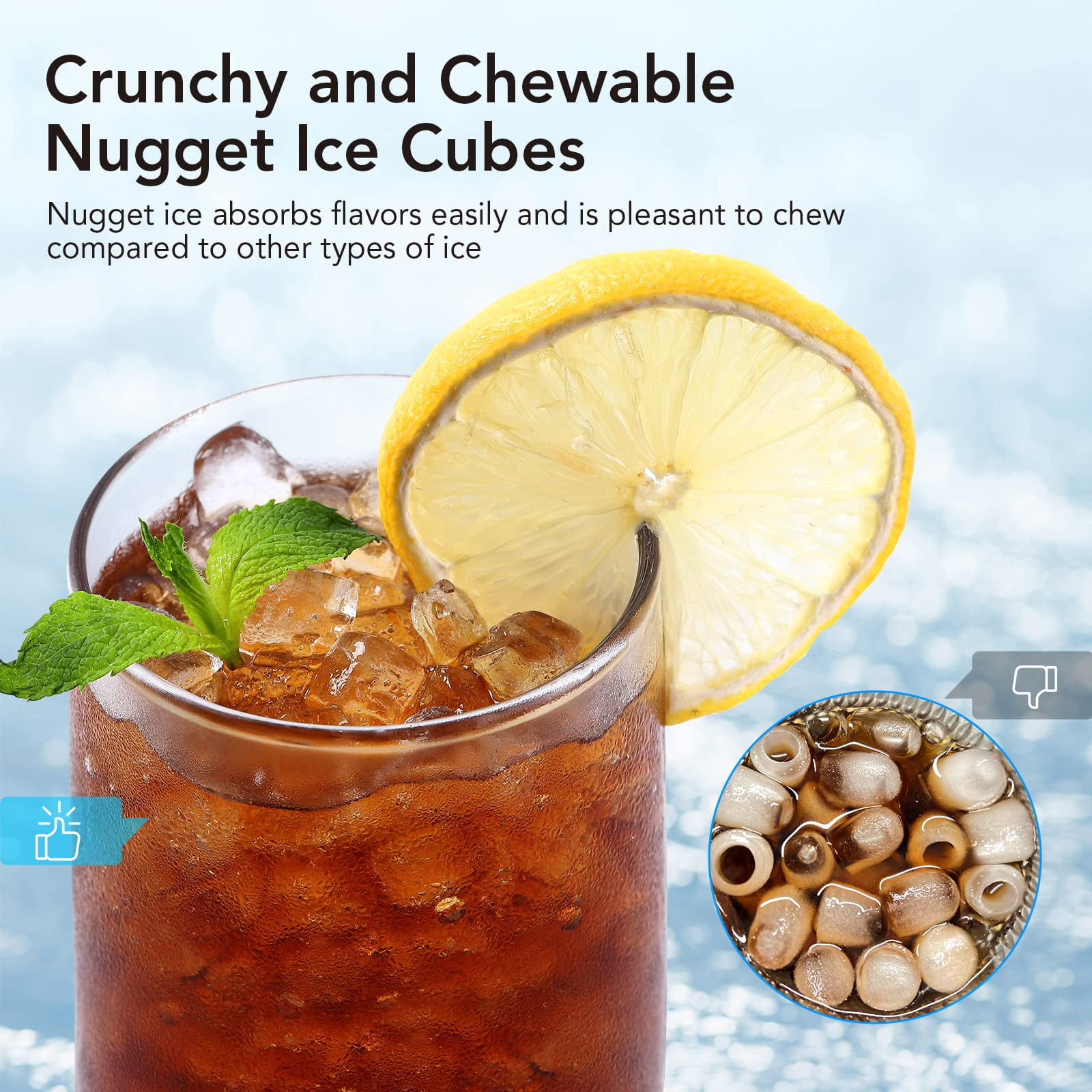Stainless Steel Masticating Ice Maker, 44 lbs/24 Hours, 3.3 lbs ice Basket Capacity, self-Cleaning, Timer Function, Suitable for Parties, Kitchen, bar, Office