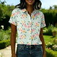 thumbnail image 4 of Women's Hawaiian Summer Cool Floral Tropic Print Beach Short Sleeve Button Up Shirt Light Blue L, 4 of 5