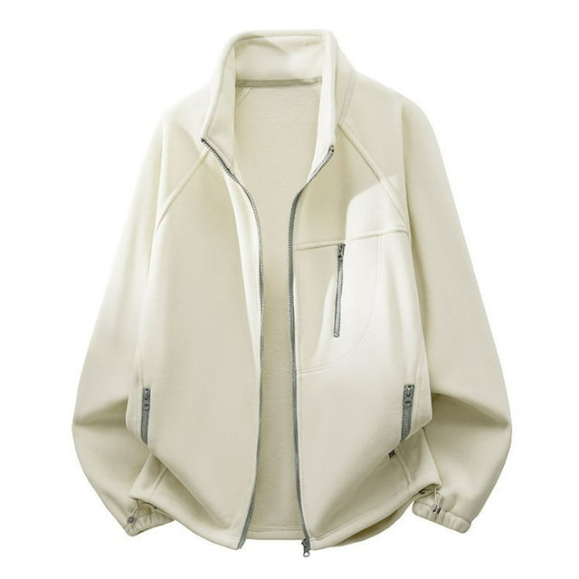 Fleece Jacket Men, Men's Solid Color Casual Fleece Long-Sleeve Stand-Up Collar Jacket with Zipper & Pockets, Long Jacket for Men