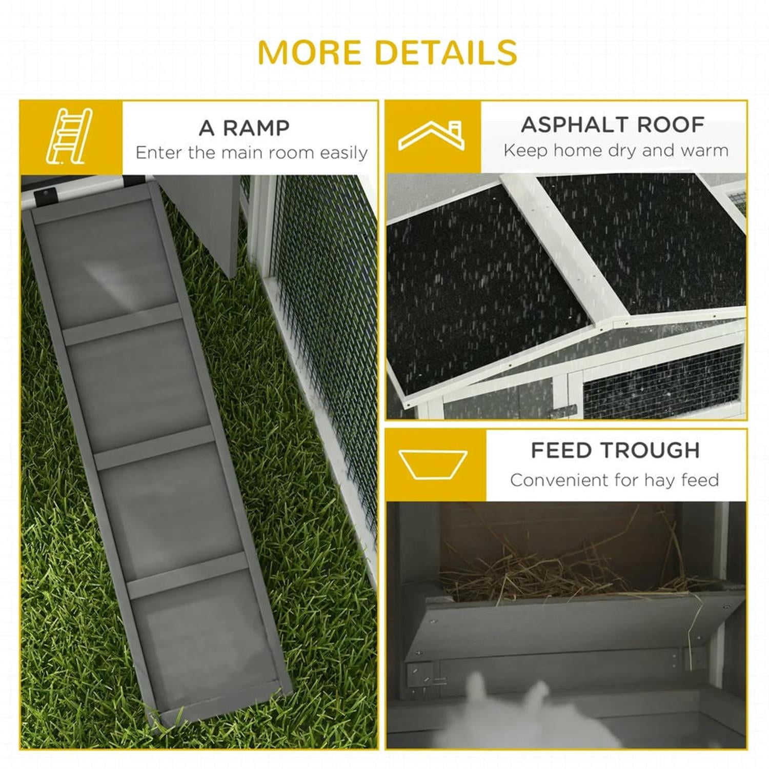 Kadyn 61" 2-Story Wooden Rabbit Hutch with Slide-out Tray, Outdoor Small Animal Habitat Enclosure Bunny Cage for Bunnies, Guinea Pigs, Gray