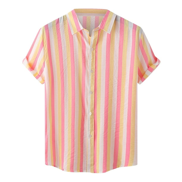 Blusa informal de manga corta con estampado de rayas y botones para la playa para hombre Pompotops oipoqjl47936