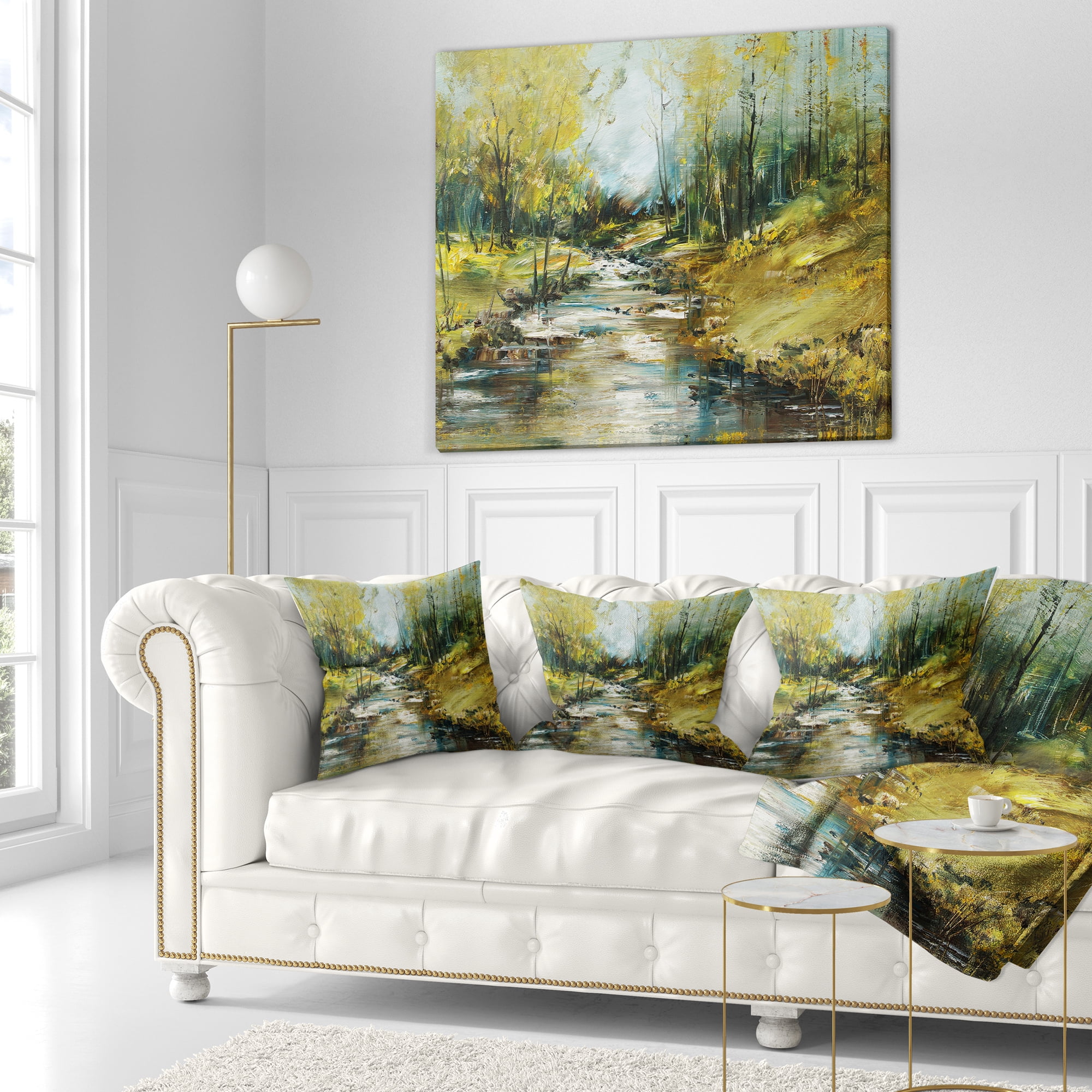 Designart Creek in the Forest Oil Painting - Landscape Painting Throw Pillow - 18x18