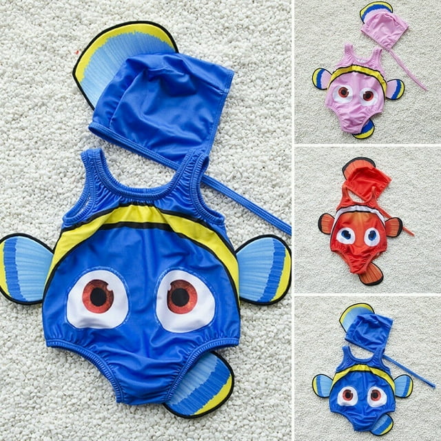 2 Pcs Maillot de Bain pour Bébés Filles, Poisson Rouge, Tenue de Plage, Costume + Bonnet de Bain