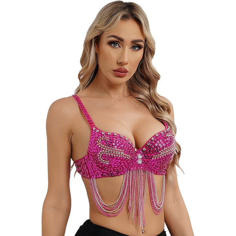 YONGHS Women's Indian Belly Dance Bra Beaded Fringe Shiny