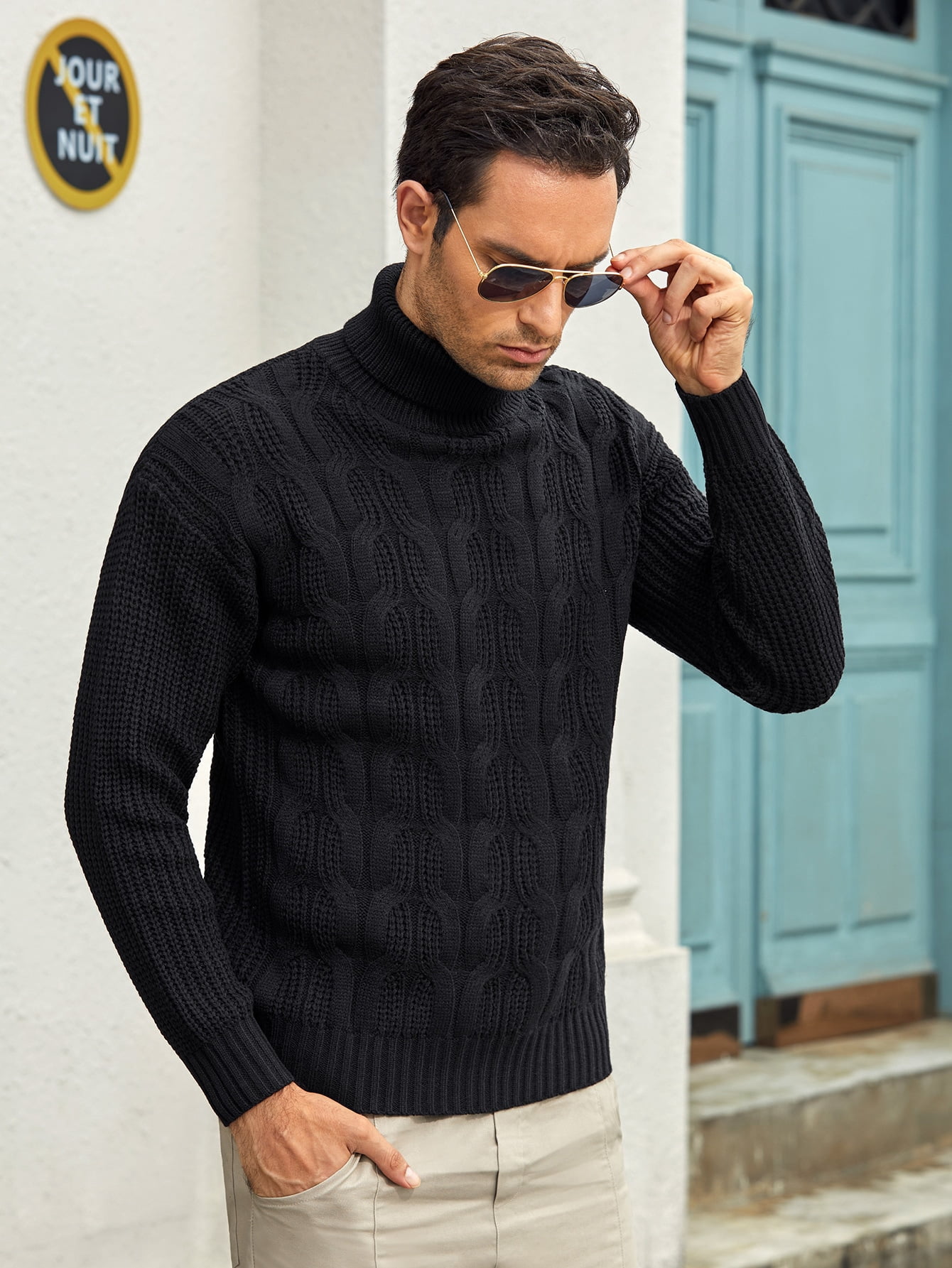 Men Cable Knit Turtleneck Sweater 
