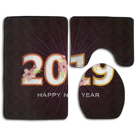 GOHAO Happy New Year 2019 3 Piece Bathroom Rugs Set Bath Rug Contour Mat and Toilet Lid (Best 1 Piece Toilets 2019)