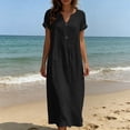 thumbnail image 5 of Women's Cotton Linen Midi Dress Casual Solid Short Sleeve V Neck Button Button Loose Summer Tshirt Dresses Beach Vacation Sundress, 5 of 7