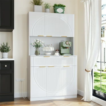Yeahumalia Fluted Kitchen Pantry Storage Cabinet Hutch with Microwave Stand and Power Outlets, White