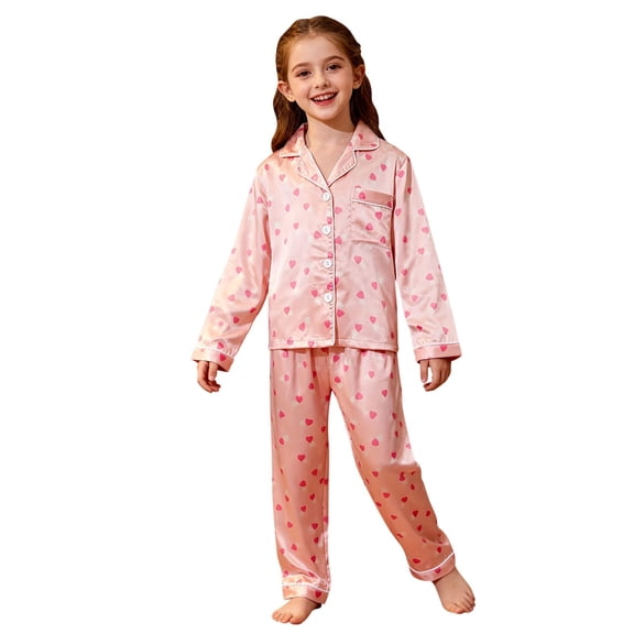 BLVB Kids Girls Satin Pajama Sets Long Sleeve Button down Shirts Long Pants 2PCS Silky Sleepwear Loungewear