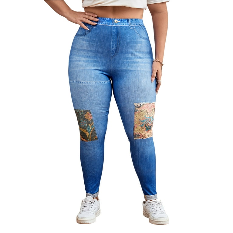 Sexy Dance Ladies Faux Denim Pant Ripped Print Plus Size Leggings Tummy  Control Fake Jeans Breathable Jeggings High Waist Trousers Blue XL 