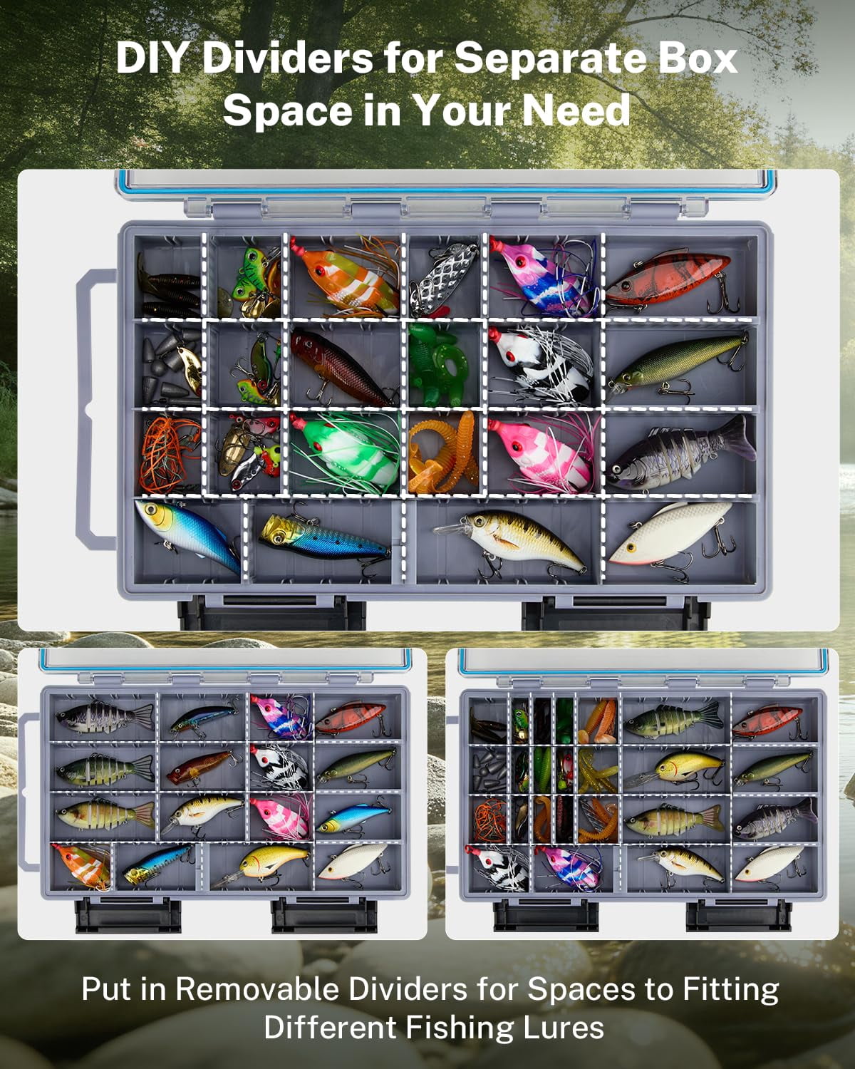 Tackle Boxes For Fishing 2-pack Waterproof With Adjustable Compartments  Clear Portable Trays Plastic Organizers Diy Dividers Lures Hooks & Bass Gear 3700 Gray