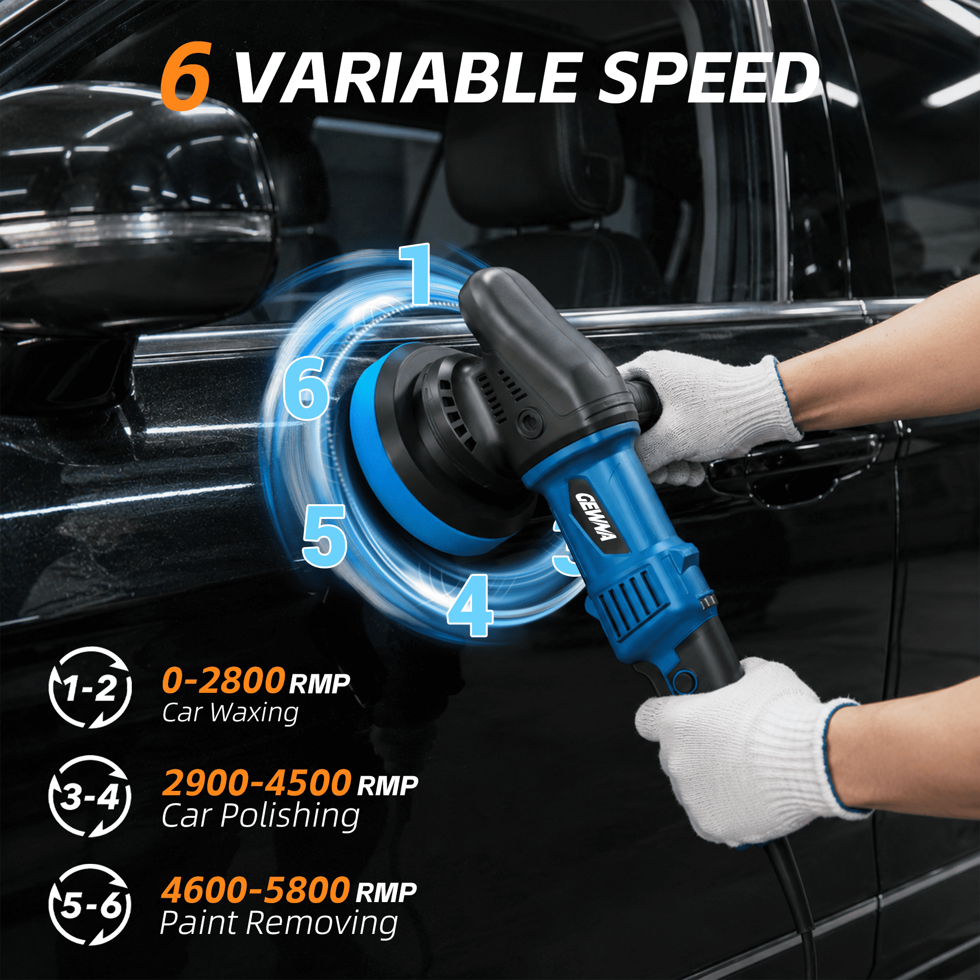 Gewna Dual Action Random Orbital Car Polisher,Car Detailing Kit, 8 Detachable Pads,Packing Bag for Car Polishing and Waxing,2800-5800RMP
