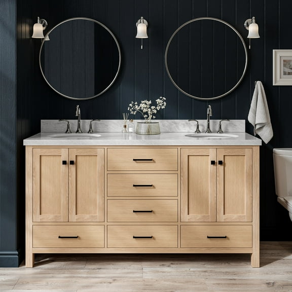Ariel Cambridge 67 Inch Double Oval Sink Bathroom Vanity With Italian Carrara Marble Countertop 1.5 Inch Edge In Oak