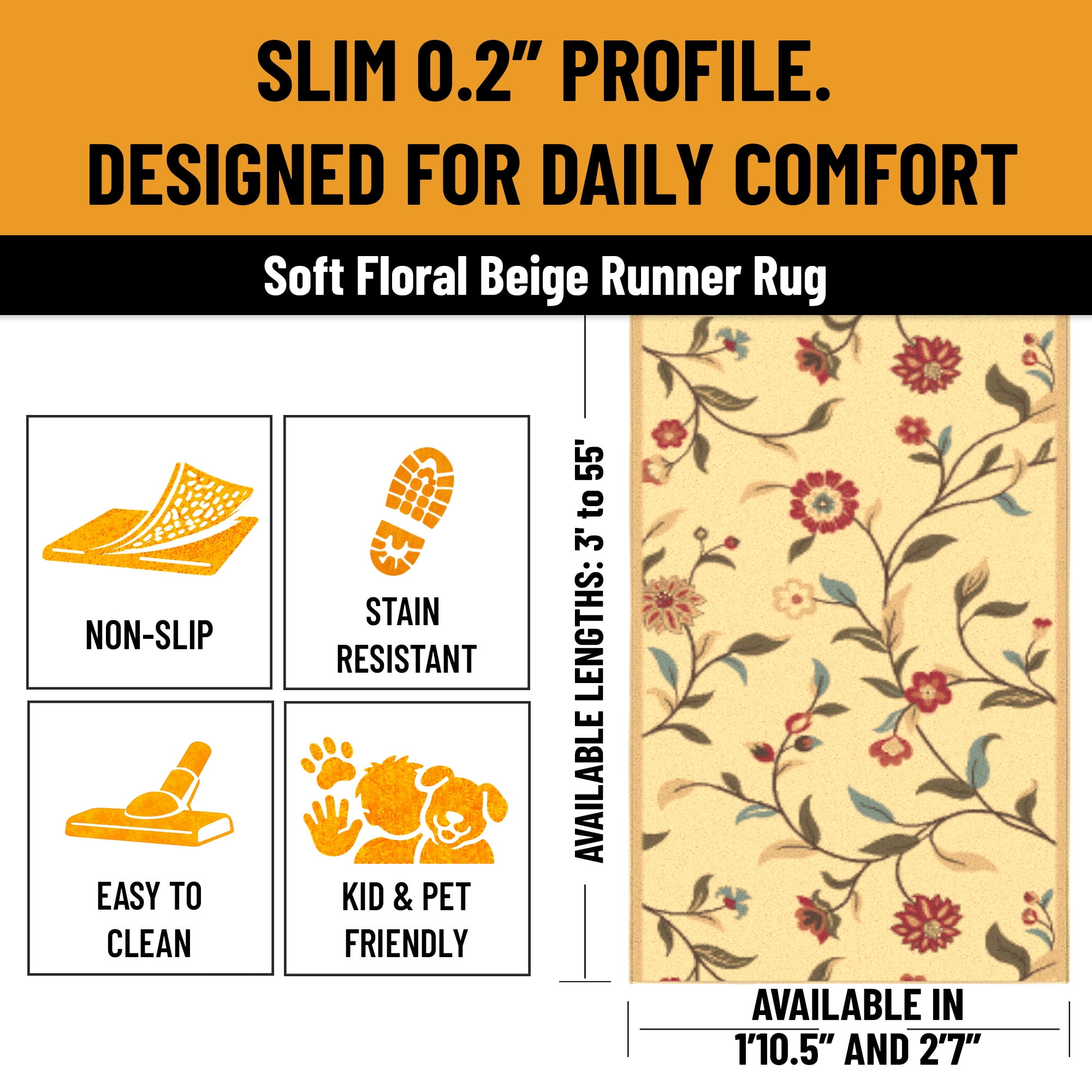 Ottomanson Hallway Runner Rug 1'10.5" x 11' – Non-Slip Low Pile Carpet for High Traffic Areas, Floral Beige