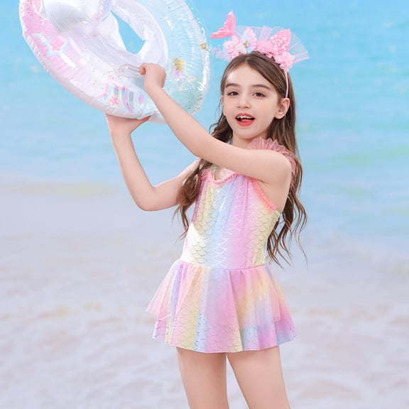 HUAXUN Girls Dress Tail Swimsuit Set with Sparkly Scale Design and Swim Cap,2 Piece Bathing Swimsuit for Girls(Pink,5-6 Years)