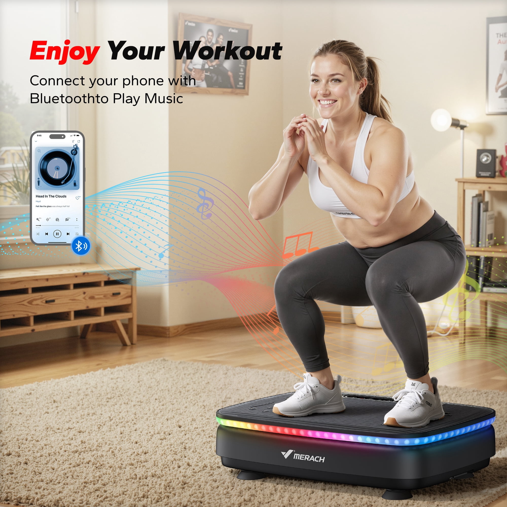 MERACH LED Light Vibration Plate Exercise Machine, Vibrating Muscle Toner, Bluetooth Speaker Whole Body Workout Fitness Platform with Resistance Bands, 330lbs Capacity