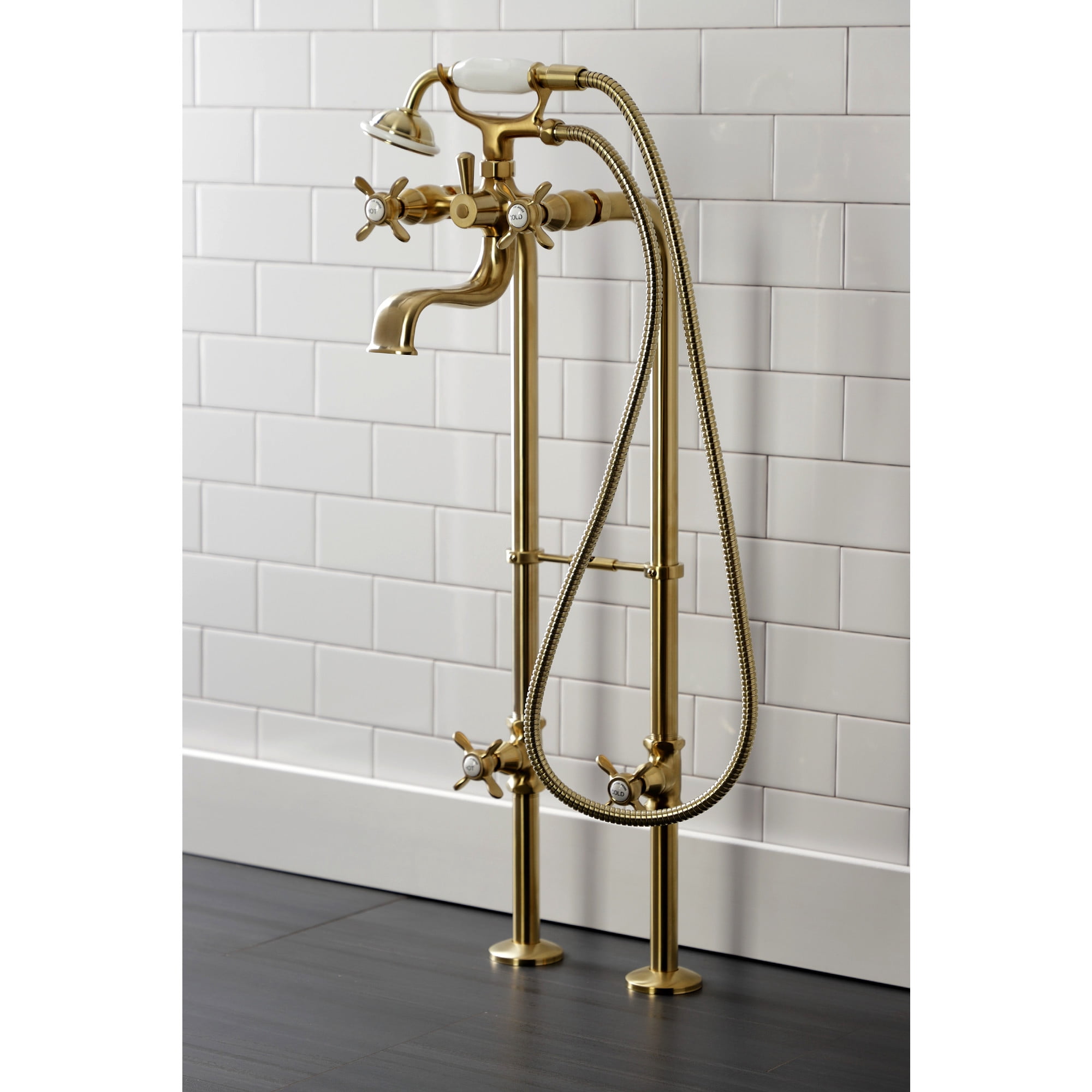 Kingston Brass CCK246K7 Essex Freestanding Clawfoot Tub Faucet Package with Supply Line, Brushed Brass