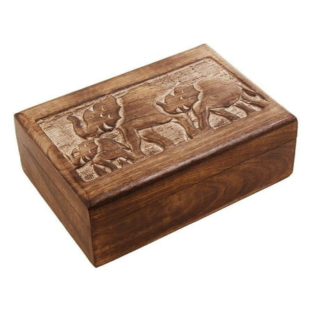Ajuny Handcrafted Wooden Jewelry Storage Box Elephant Motif Vintage Keepsake Treasure Chest Trinket Holder 10x7 inch