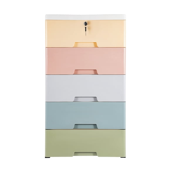 Haraisyo Lockable Macaron 5-Drawer PP Detachable Storage Dresser Cabinet, Removable Pulley Organizer with 55 Lbs Max Load for Bedroom Living Room Entryway