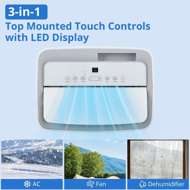 Aire acondicionado portátil eficiente 4 en 1 – 14,000 BTU, enfría hasta 65 m², deshumidificador, ventilador, modo sueño, bajo ruido, temporizador 24h, control remoto, kit de ventana – Color blanco
