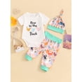 thumbnail image 6 of Aojekbee Baby Boys Girls Summer Outfits Letter Animals Print Crew Neck Short Sleeve Rompers Long Pants Hat 3Pcs Clothes Set, 6 of 10