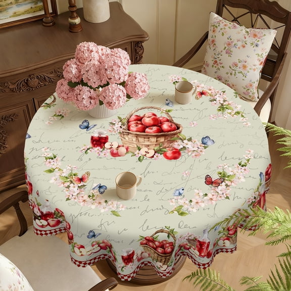 Janvonne Red Checkered Fabric Round Tablecloth, Vintage Fruit Basket Table Cover, Four-Season Country Style, Suitable for Kitchen, Dining Room and Picnics, 60in