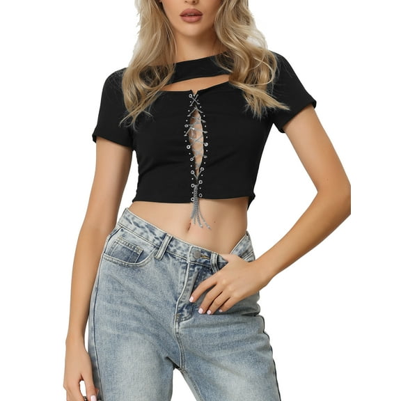 INSPIRE CHIC Crop Top for Women's Rib-knit Sexy Chain Front Short Sleeve Club Party Blouse Black XS