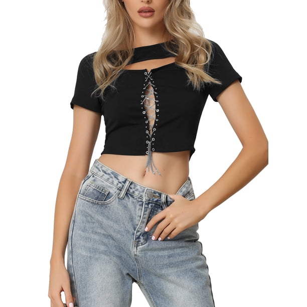Top corto INSPIRE CHIC para mujeres, blusa sexy de cadena frontal de manga corta para fiesta en negro L