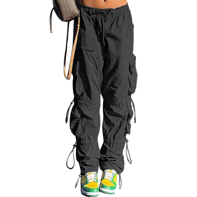 Pantalones de carga de las mujeres hip hop estilo multi bolsillo casual suelta cordón holgado pantalones de carga negro S