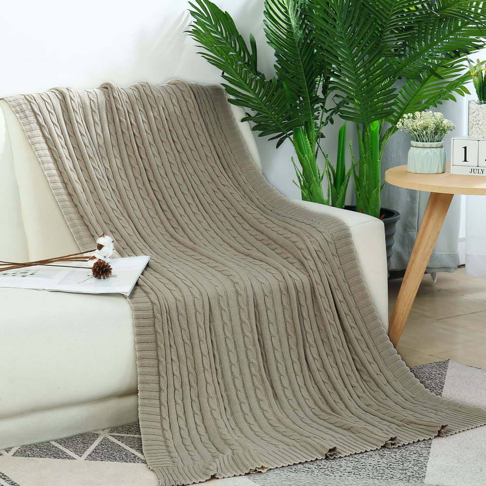 Cotton Blanket Cable Knitted Throw Knit Blanket Khaki, 70" x 78