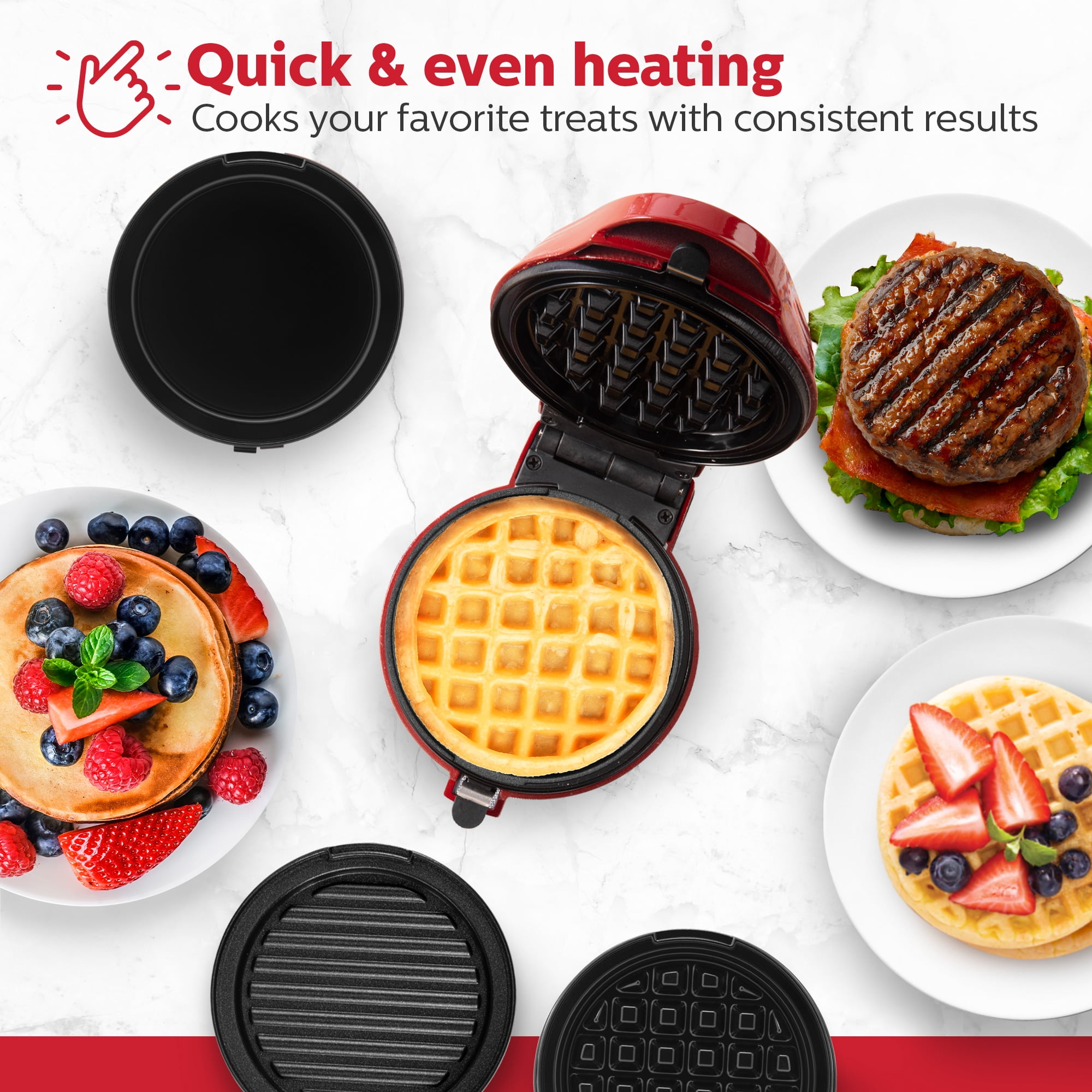 Holstein Housewares 3-IN-1 PERSONAL MAKER – Includes 6 Interchangeable Plates (Waffle, Grill, Flat), Compact Design, Non-Stick Coating, Preheat Indicator Light