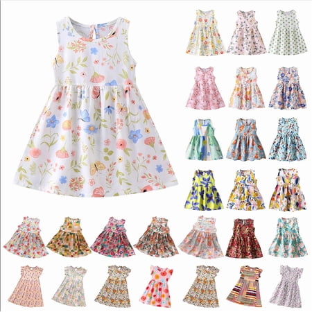 QTOCIO Toddler Girls Dresses, Baby Girl Summer Clothes, 6 Months -11Years Girls Summer Printed Fly Sleeve Round Neck Dress
